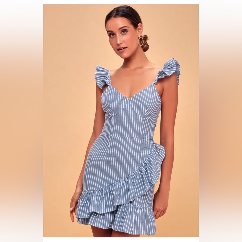 Parcel Blue and White Striped Ruffle Mini Dress